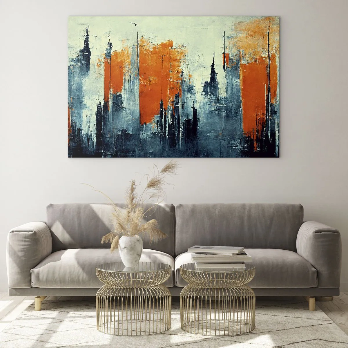 Impression sur verre - Image sur verre - Un panorama urbain moderne dans des tons de gris et d'orange - 100x70cm - Paysage moderne - Décoration murale moderne pour le salon et la chambre ARTTOR