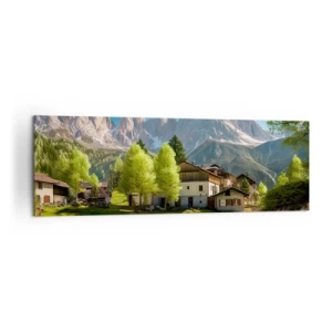 Impression sur toile - Image sur toile - Un village de montagne avec des maisons et une vue sur les Alpes - 160x50cm - Idylle alpine - Décoration murale moderne pour le salon et la chambre ARTTOR