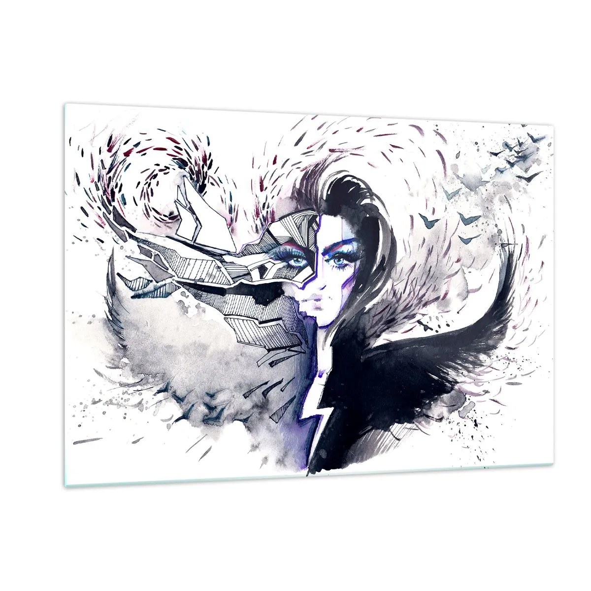 Impression sur verre - Image sur verre - Portrait abstrait avec des éléments dynamiques et du noir - 120x80cm - Démoniaque et belle - Décoration murale moderne pour le salon et la chambre ARTTOR