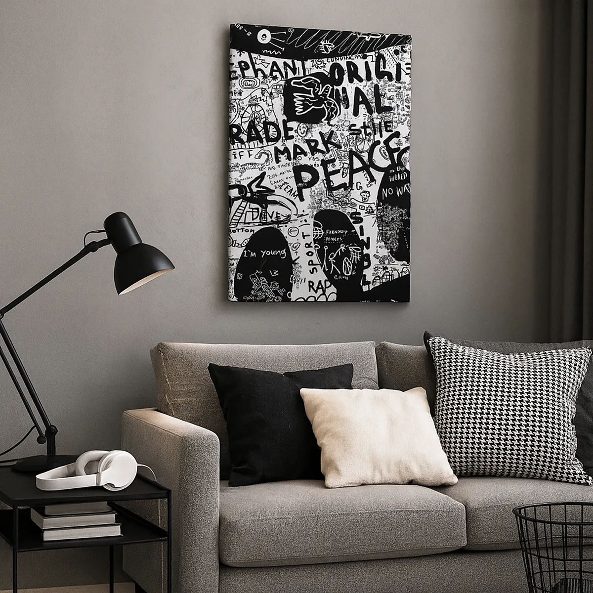 Impression sur toile - Image sur toile - Graphiques en noir et blanc avec des motifs graffitis - 50x70cm - La richesse des rues - Décoration murale moderne pour le salon et la chambre ARTTOR
