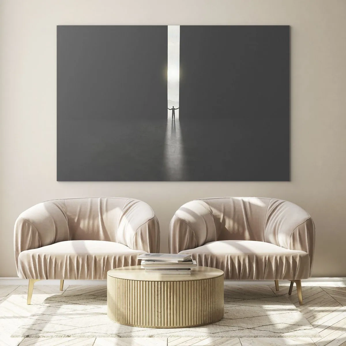 Impression sur verre - Image sur verre - Silhouette d'un homme ouvrant une porte sur une lumière vive - 120x80cm - Étape vers un avenir radieux - Décoration murale moderne pour le salon et la chambre ARTTOR