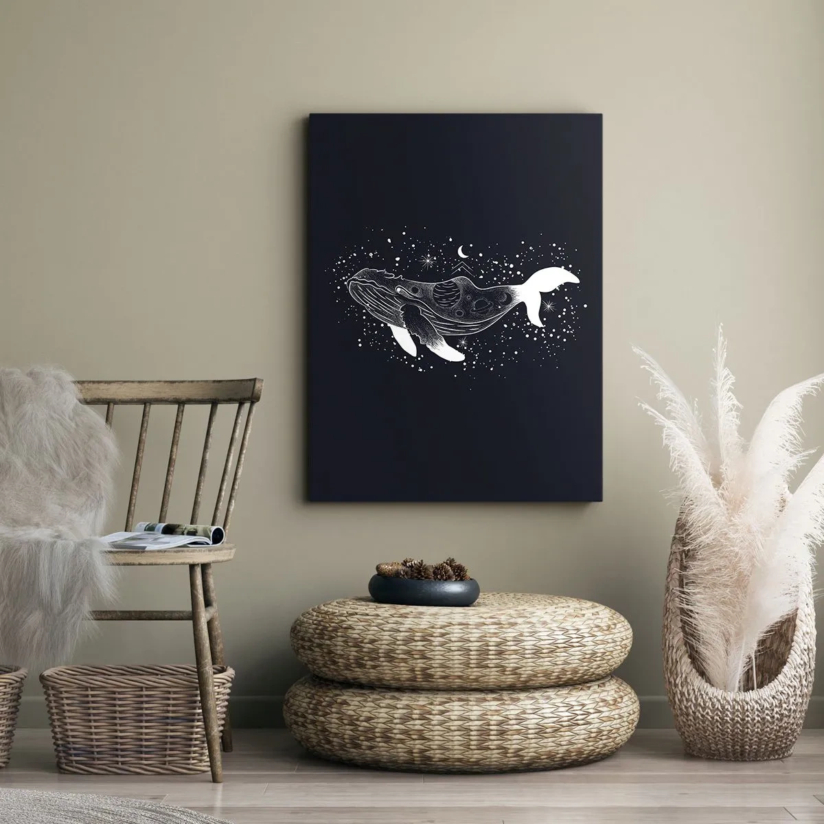Impression sur toile - Image sur toile - Une illustration graphique d'une baleine dans un style de l'ère spatiale. - 50x70cm - Dans l'océan de l'univers - Décoration murale moderne pour le salon et la chambre ARTTOR
