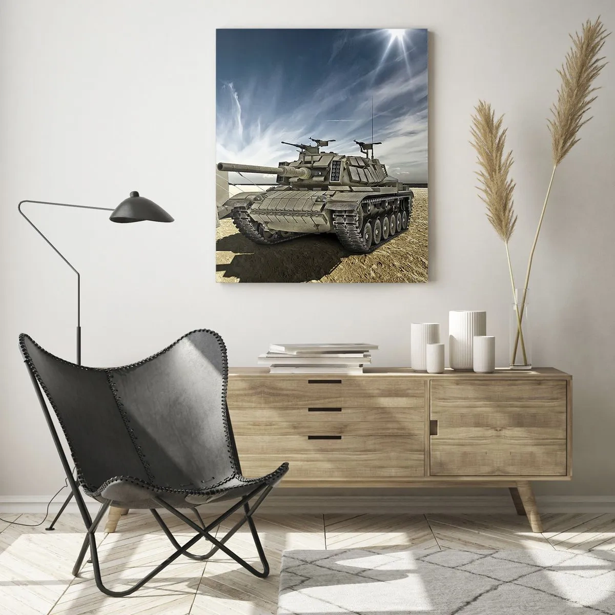 Impression sur verre - Image sur verre - Un char à côté d'une tente militaire dans une zone désertique - 70x100cm - Un rêve militaire - Décoration murale moderne pour le salon et la chambre ARTTOR