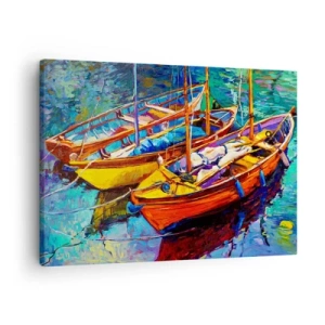 Impression sur toile - Image sur toile - Bateaux colorés sur une eau calme - 70x50cm - Sur l'eau épaisse de couleurs - Décoration murale moderne pour le salon et la chambre ARTTOR