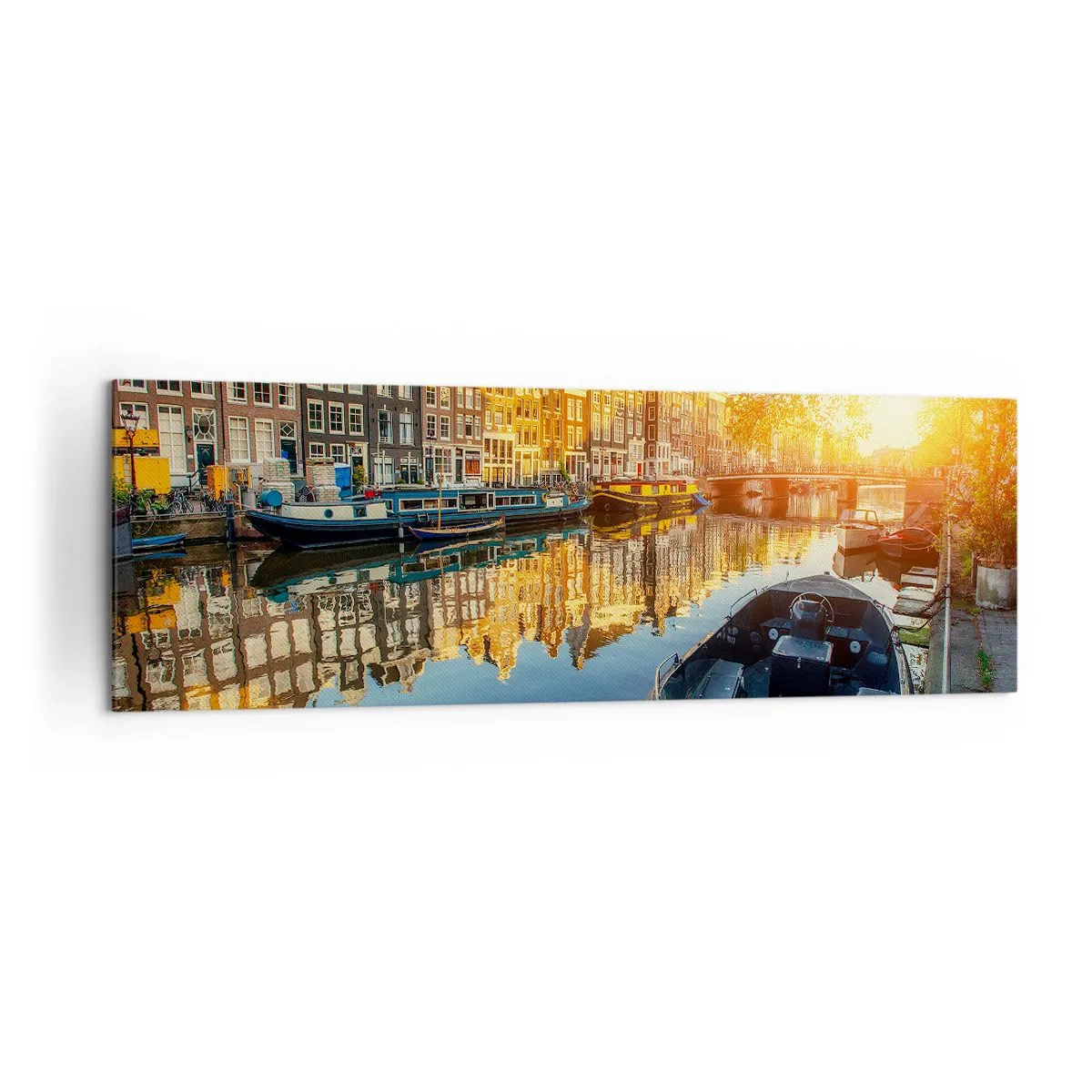 Impression sur toile - Image sur toile - Canal d'Amsterdam au coucher du soleil - 160x50cm - Début de journée à Amsterdam - Décoration murale moderne pour le salon et la chambre ARTTOR