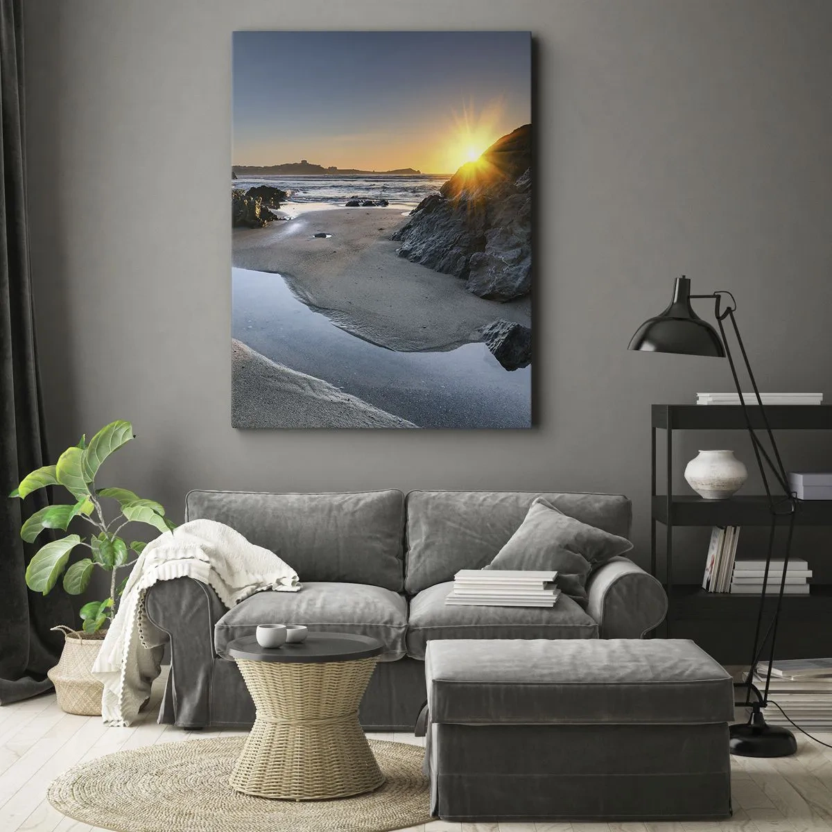 Impression sur toile - Image sur toile - Coucher de soleil pittoresque sur une plage rocheuse - 50x70cm - Intouché par la main de l'homme - Décoration murale moderne pour le salon et la chambre ARTTOR