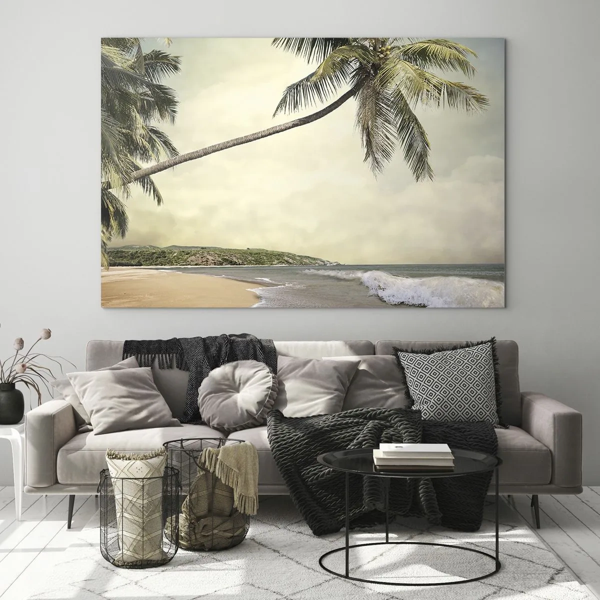 Impression sur verre - Image sur verre - Plage tropicale avec palmiers et vagues - 70x50cm - Rêve tropical - Décoration murale moderne pour le salon et la chambre ARTTOR