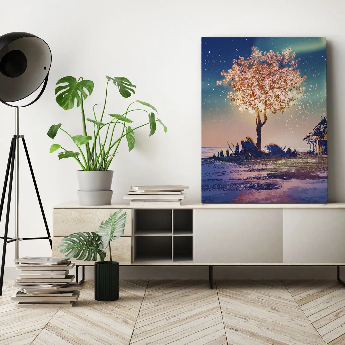 Impression sur toile - Image sur toile - Une maison et un arbre en fleurs sous le ciel nocturne - 70x100cm - La nature ne passe pas - Décoration murale moderne pour le salon et la chambre ARTTOR