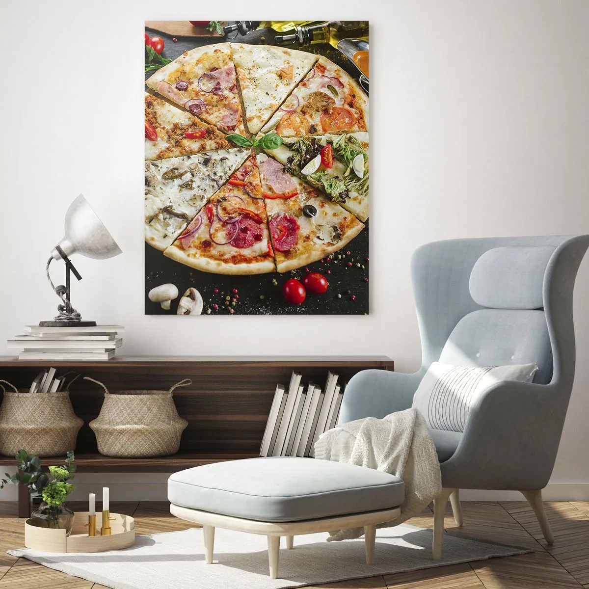 Impression sur verre - Image sur verre - Pizza aux saveurs variées avec garnitures sur fond sombre - 50x70cm - Une gamme de saveurs - Décoration murale moderne pour le salon et la chambre ARTTOR