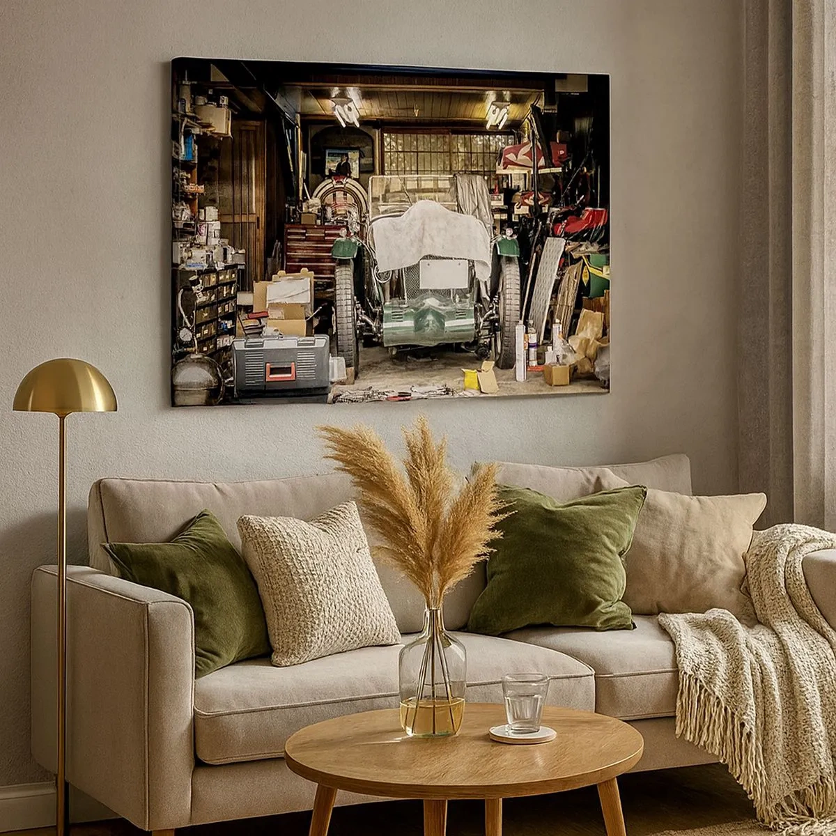 Impression sur toile - Image sur toile - Une vieille voiture dans un garage entourée d'outils et d'équipements - 70x50cm - Retour vers le passé - Décoration murale moderne pour le salon et la chambre ARTTOR