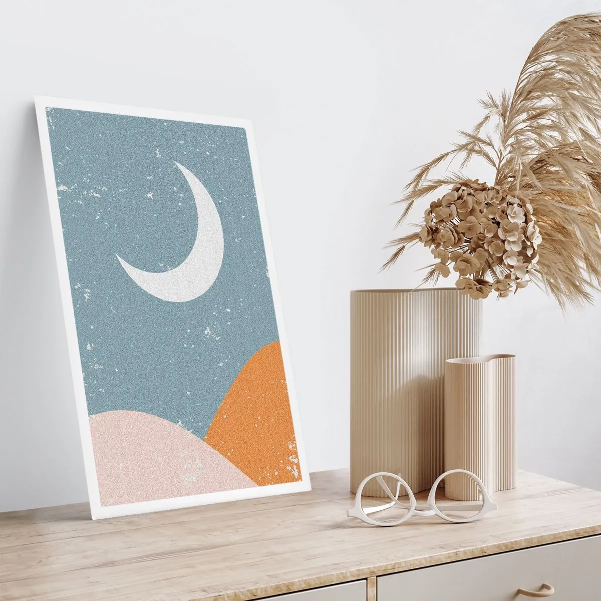 Affiche - Poster - Une lune minimaliste sur un paysage abstrait. - 50x70cm - Miracle de nombreuses nuits - Décoration murale moderne pour le salon et la chambre ARTTOR