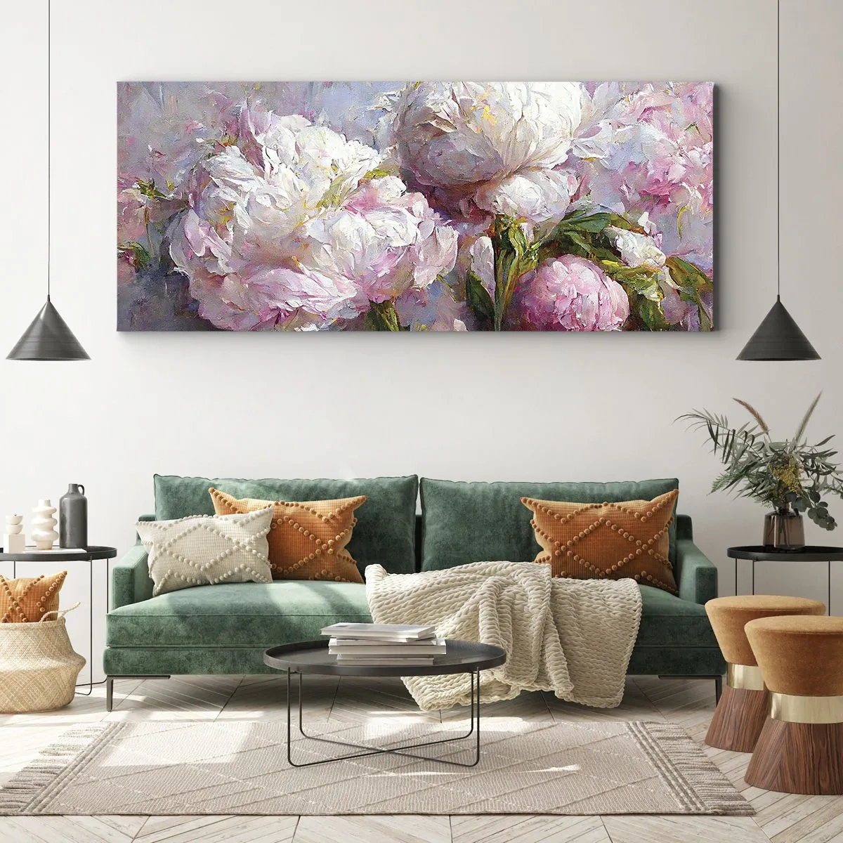 Impression sur toile - Image sur toile - Fleurs de pivoine romantiques aux couleurs pastel - 160x50cm - Un bouquet plein de vie - Décoration murale moderne pour le salon et la chambre ARTTOR