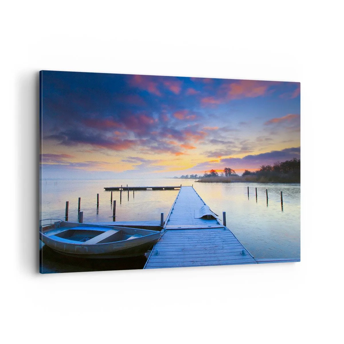 Impression sur toile - Image sur toile - Une jetée au bord du lac au coucher du soleil avec un bateau sur le rivage - 120x80cm - Calme violet-doré - Décoration murale moderne pour le salon et la chambre ARTTOR