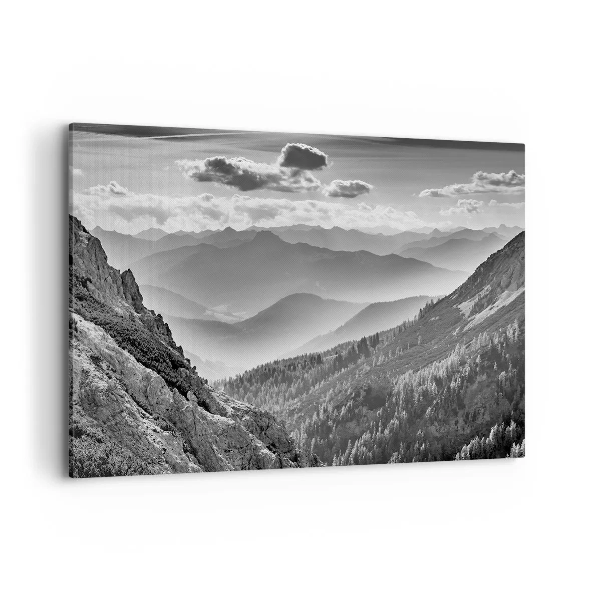 Impression sur toile - Image sur toile - Paysage de montagne en noir et blanc avec des nuages au-dessus des sommets - 100x70cm - Jusqu'à l'horizon - Décoration murale moderne pour le salon et la chambre ARTTOR