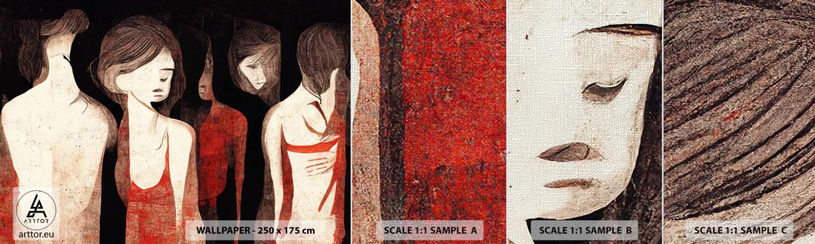 Échantillon de Papier Peint Premium Canvas - Madones des ténèbres - Femmes, Morceau, Tristesse - 100x30 cm