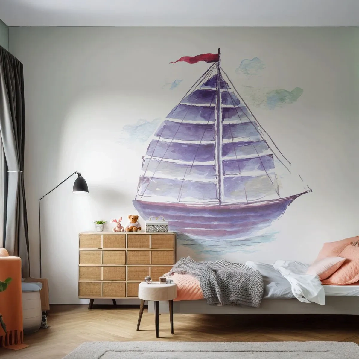 Papier Peint Photo Premium Sand - Un voilier violet et blanc sur une mer calme - 100x70cm - Plein de voiles et d’eau calme - Décoration murale moderne pour le salon et la chambre ARTTOR