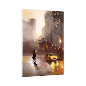 Impression sur verre - Image sur verre - Une scène urbaine la nuit à la lumière des lampadaires et des reflets sur une rue mouillée. - 80x120cm - Dans les lumières de New-York - Décoration murale moderne pour le salon et la chambre ARTTOR