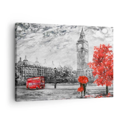 Impression sur toile - Image sur toile - Vue emblématique de Londres avec Big Ben, un bus rouge et un parapluie - 70x50cm - Une journée passionnante - Décoration murale moderne pour le salon et la chambre ARTTOR
