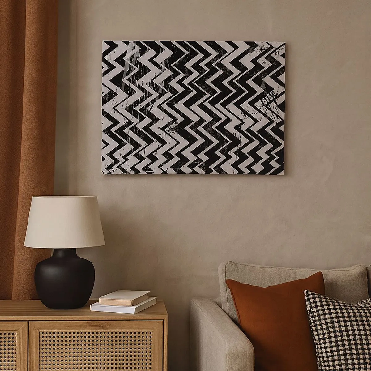 Impression sur toile - Image sur toile - Motif en zigzag noir et blanc avec abrasions artistiques - 70x50cm - Zig-blanc, zag-noir - Décoration murale moderne pour le salon et la chambre ARTTOR