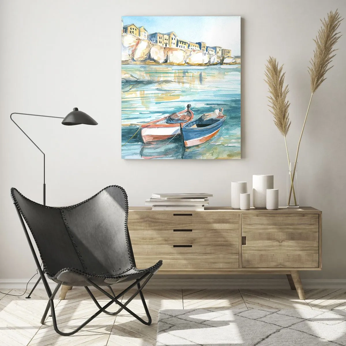 Impression sur verre - Image sur verre - Un paysage balnéaire pittoresque avec des bateaux sur l'eau - 70x100cm - Paysage dans l'azur - Décoration murale moderne pour le salon et la chambre ARTTOR