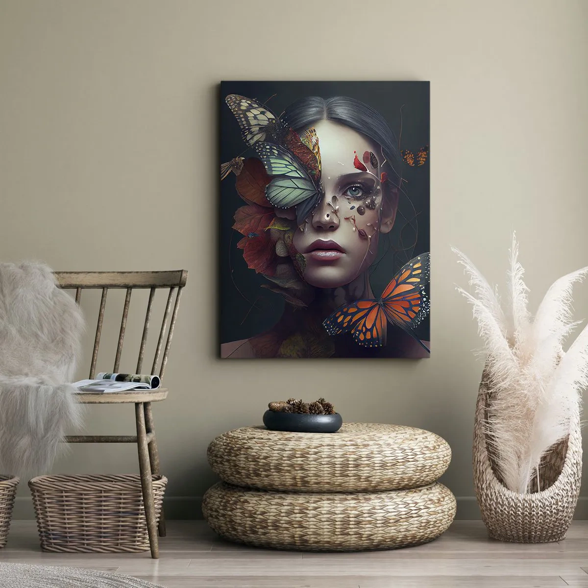 Impression sur toile - Image sur toile - Portrait d'une femme avec des papillons et des éléments végétaux - 50x70cm - Une merveilleuse métamorphose - Décoration murale moderne pour le salon et la chambre ARTTOR
