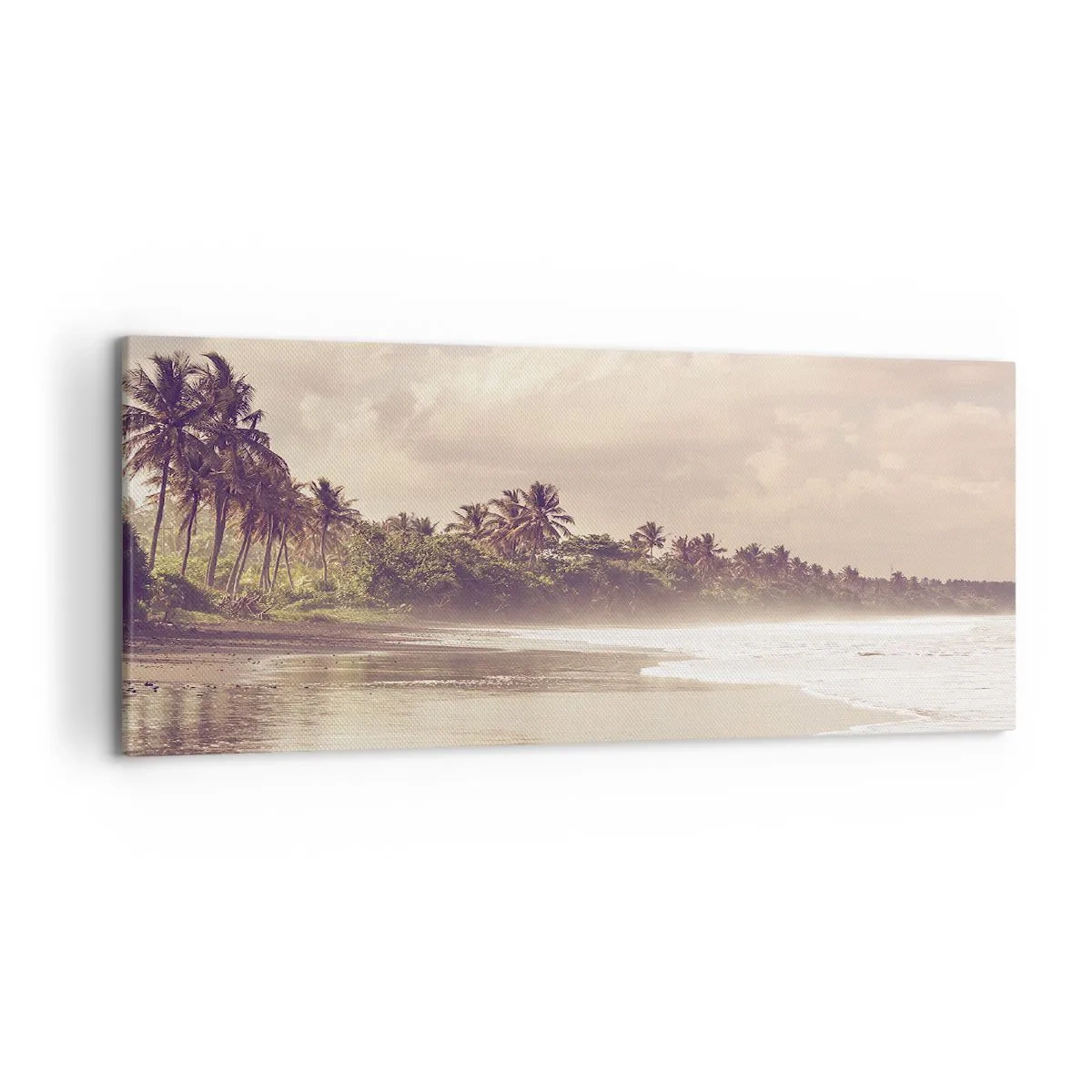 Impression sur toile - Image sur toile - Une plage avec des palmiers et des vagues douces le matin - 120x50cm - La caresse des vagues - Décoration murale moderne pour le salon et la chambre ARTTOR