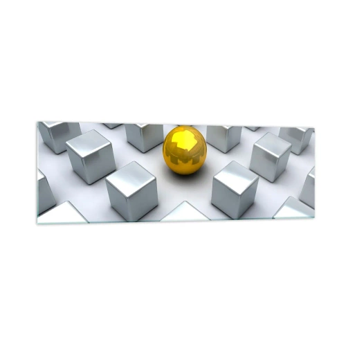 Impression sur verre - Image sur verre - Une sphère dorée se détachant parmi les cubes d'argent - 160x50cm - Pourquoi moi? Composition géométrique - Décoration murale moderne pour le salon et la chambre ARTTOR