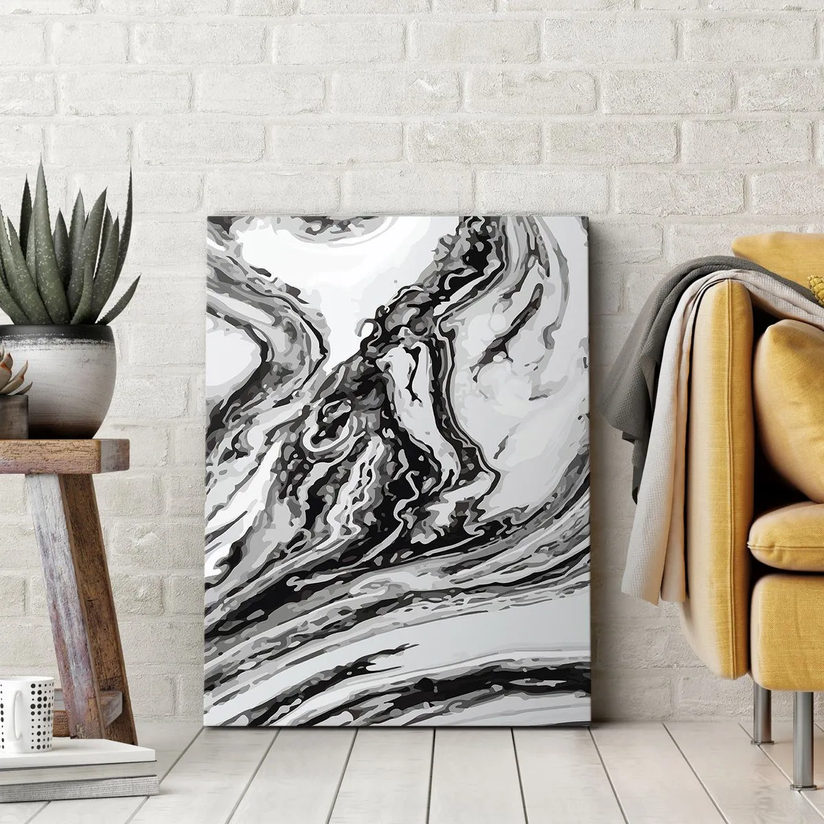 Impression sur toile - Image sur toile - Motif de marbre abstrait en noir et blanc - 70x100cm - Au début, c'était le chaos - Décoration murale moderne pour le salon et la chambre ARTTOR