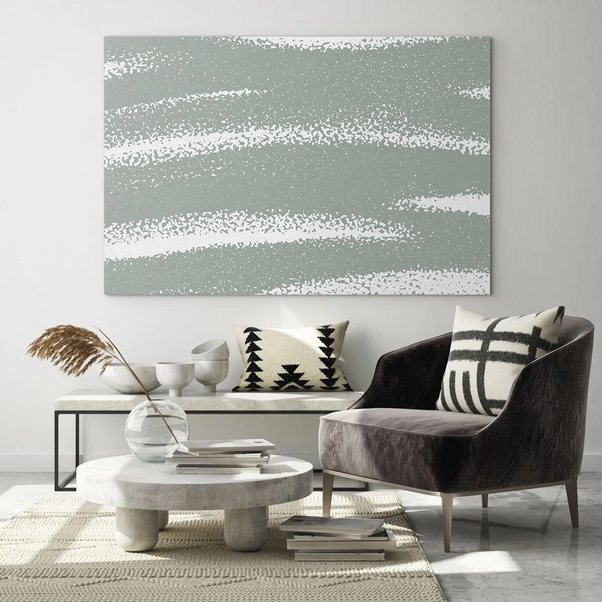 Impression sur verre - Image sur verre - Rayures blanches sur un fond vert frais - 100x70cm - Abstraction dans un climat hivernal - Décoration murale moderne pour le salon et la chambre ARTTOR