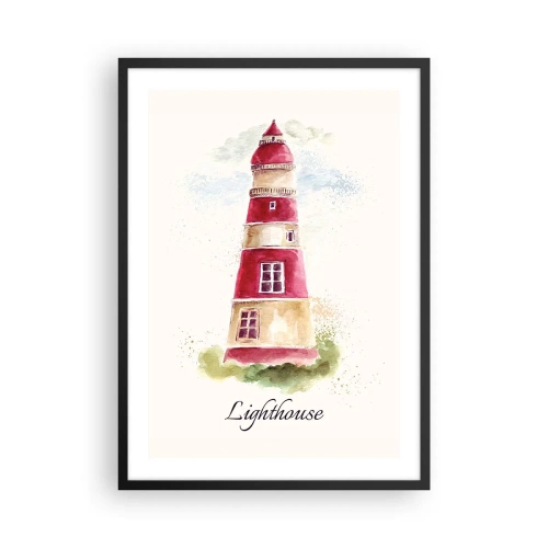 Affiche dans un cadre noir - Poster - Illustration à l'aquarelle d'un phare sur fond clair - 50x70cm - Il y a toujours beau temps autour - Décoration murale moderne pour le salon et la chambre ARTTOR