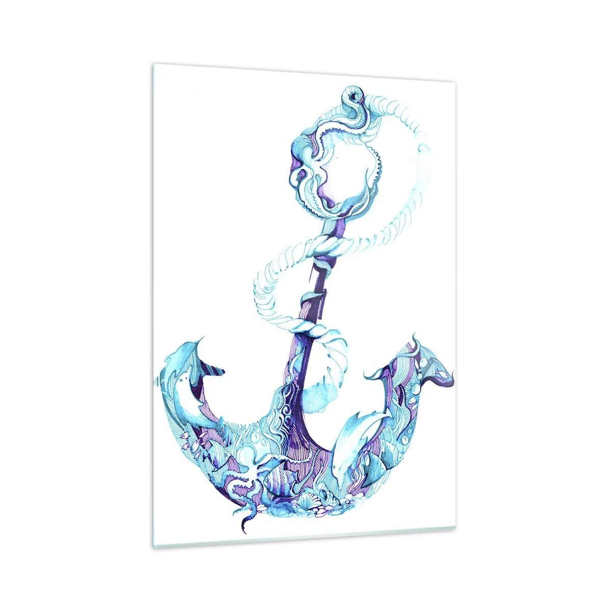 Impression sur verre - Image sur verre - Ancre avec des motifs nautiques dans un style artistique - 50x70cm - Le confident des secrets de la mer - Décoration murale moderne pour le salon et la chambre ARTTOR