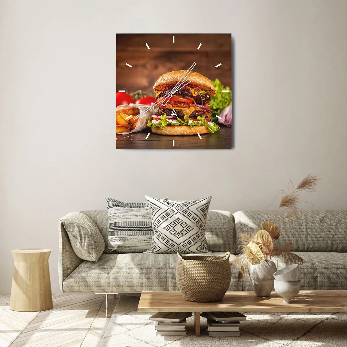 Horloge murale - Pendule murale - Burger appétissant avec extras - 30x30cm - Le fruit défendu - Décoration murale moderne pour le salon et la chambre ARTTOR