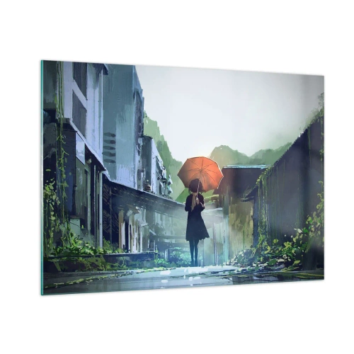 Impression sur verre - Image sur verre - Une silhouette avec un parapluie orange dans une rue pluvieuse - 100x70cm - Pluie vivifiante - Décoration murale moderne pour le salon et la chambre ARTTOR