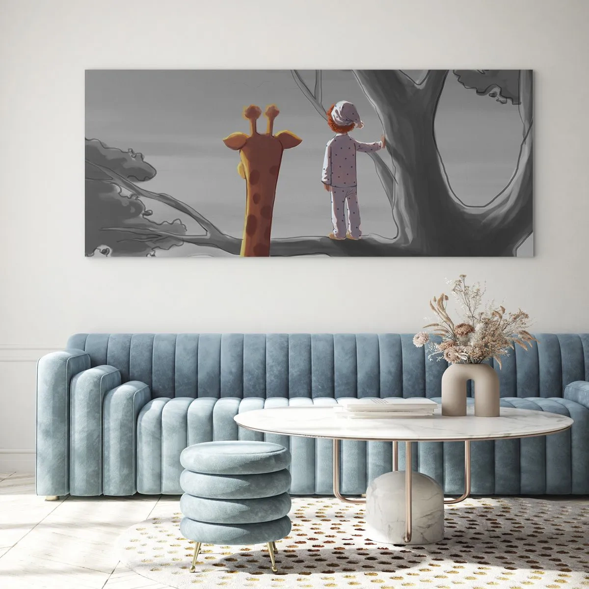 Impression sur verre - Image sur verre - Un enfant et une girafe sur une branche d'arbre dans un paysage de conte de fées - 160x50cm - Cela arrive vraiment - Décoration murale moderne pour le salon et la chambre ARTTOR