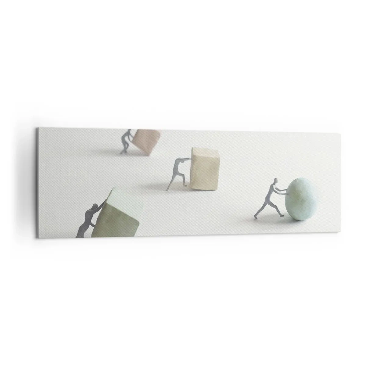Impression sur toile - Image sur toile - Figurines miniatures poussant des formes sur un fond clair - 160x50cm - Rien que la vie - Décoration murale moderne pour le salon et la chambre ARTTOR