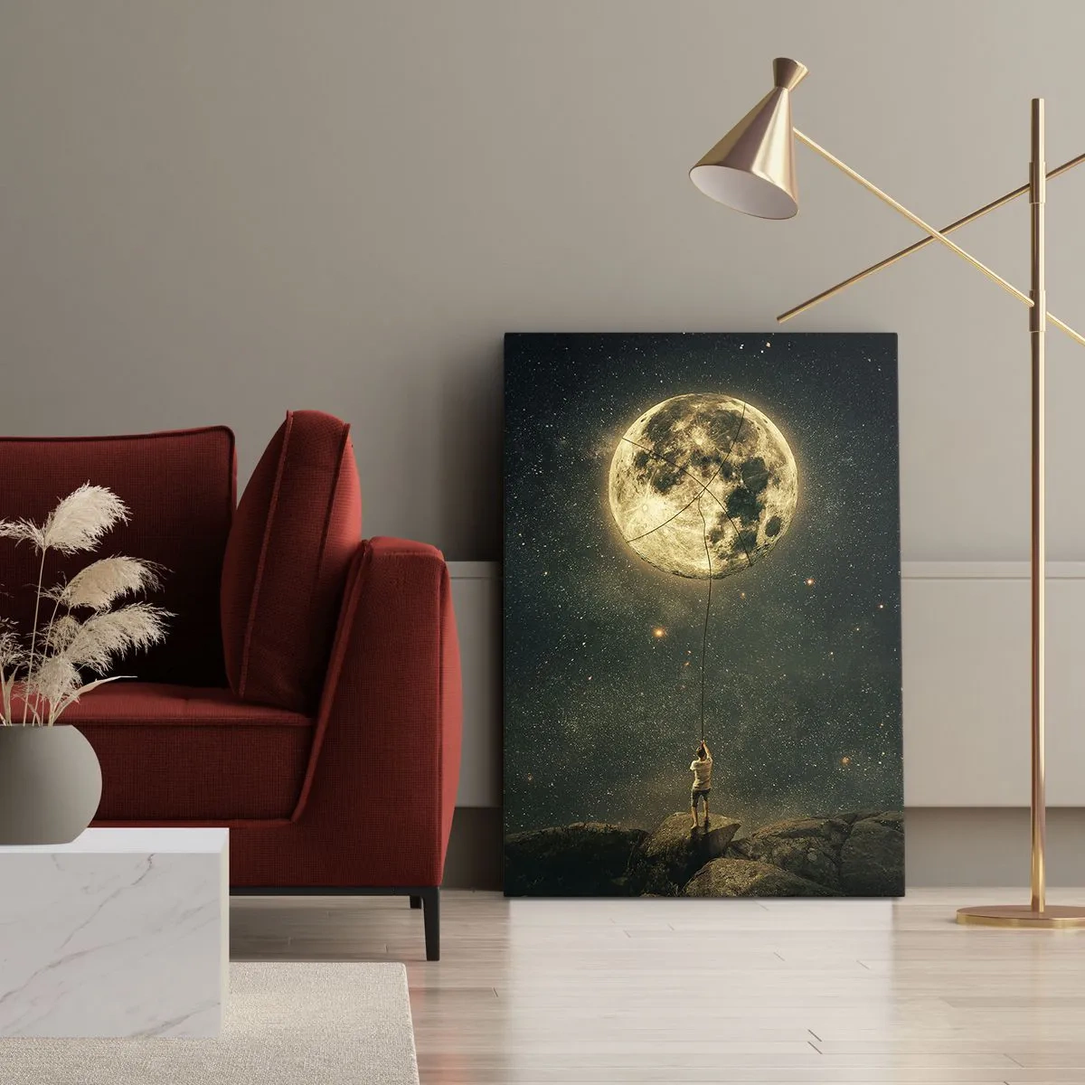 Impression sur toile - Image sur toile - L'homme avec la lune contre le ciel étoilé - 50x70cm - Celui qui a volé la lune - Décoration murale moderne pour le salon et la chambre ARTTOR