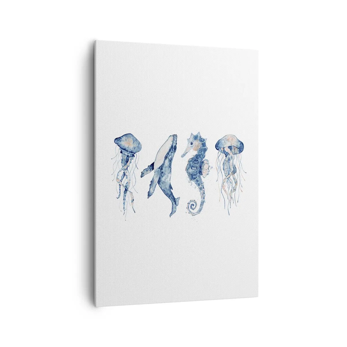 Impression sur toile - Image sur toile - Méduse, baleine et hippocampe dans un style aquarelle - 70x100cm - Merveilles de la mer - Décoration murale moderne pour le salon et la chambre ARTTOR