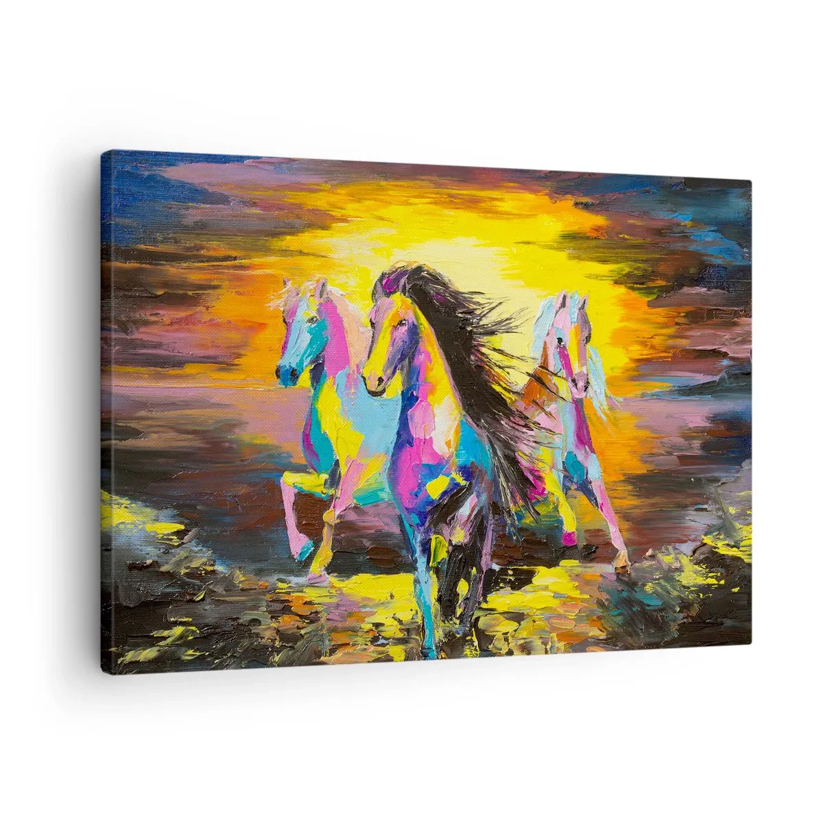Impression sur toile - Image sur toile - Chevaux colorés galopant sur fond de soleil couchant - 70x50cm - Immergé dans l'arc-en-ciel - Décoration murale moderne pour le salon et la chambre ARTTOR