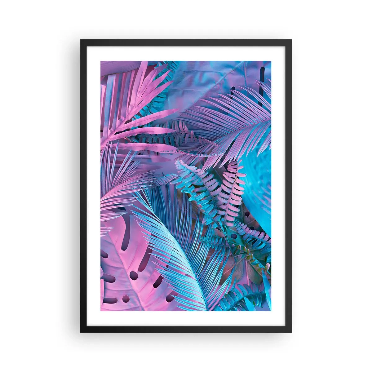 Affiche dans un cadre noir - Poster - Feuilles tropicales colorées dans des tons néon de rose et de bleu - 50x70cm - Les tropiques en rose et bleu - Décoration murale moderne pour le salon et la chambre ARTTOR
