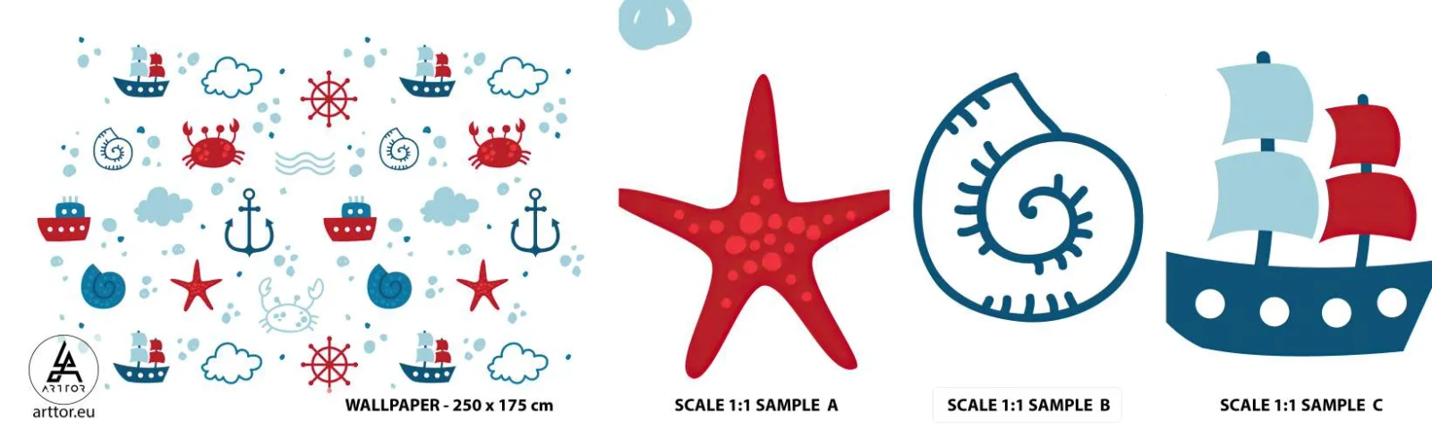 Échantillon de Papier Peint Autocollant Deluxe Sticker - Conte de fées de la mer - voile, Nautique, Ancre - 100x30 cm