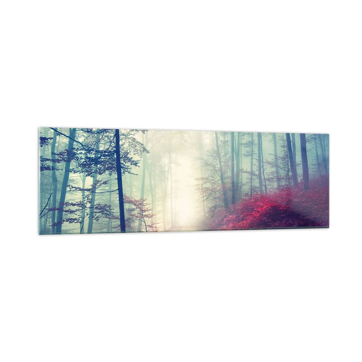 Impression sur verre - Image sur verre - Un sentier forestier magique entouré d'arbres et de brouillard - 160x50cm - Comme c'est bon de se lever à l'aube - Décoration murale moderne pour le salon et la chambre ARTTOR