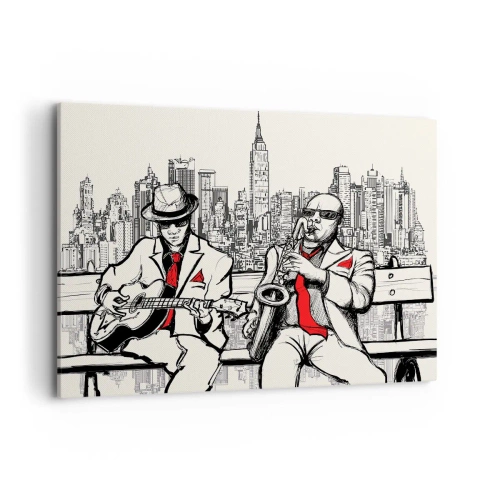 Impression sur toile - Image sur toile - Un duo de jazz avec saxophone et guitare sur fond de ville - 100x70cm - improvisation new-yorkaise - Décoration murale moderne pour le salon et la chambre ARTTOR