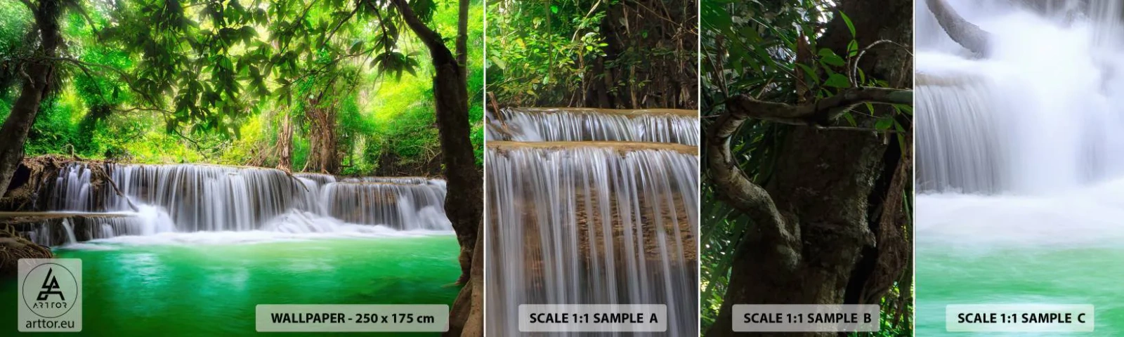Échantillon de Papier Peint Autocollant Deluxe Sticker - Une cascade de vert - Paysage, Cascade, parc national - 100x30 cm