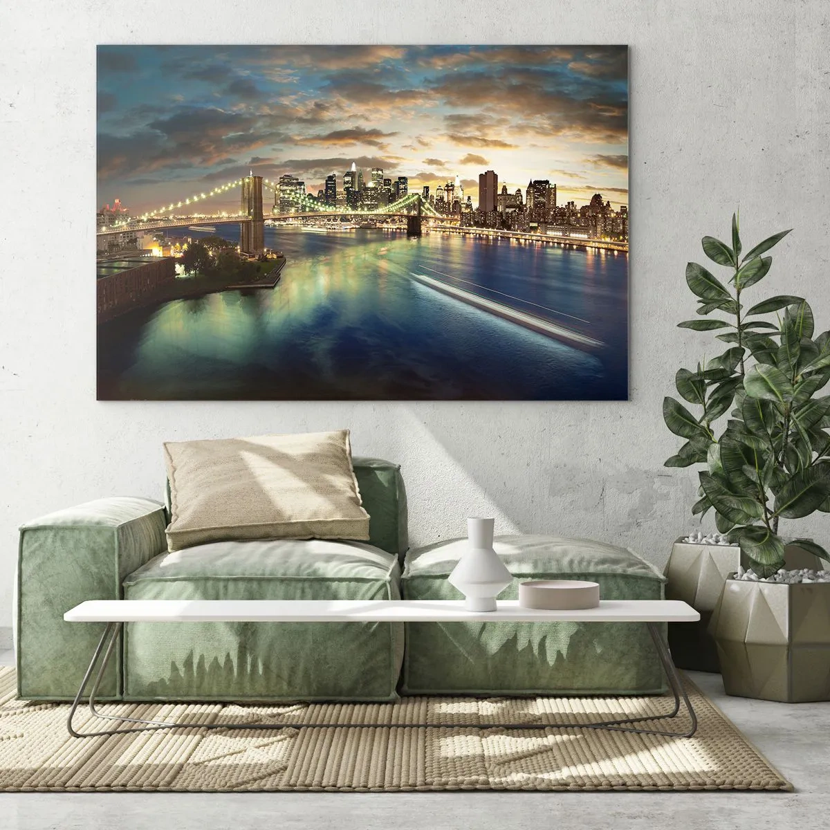 Impression sur verre - Image sur verre - Vue du pont et de la ville au coucher du soleil - 70x50cm - Une soirée lumineuse sur Manhattan - Décoration murale moderne pour le salon et la chambre ARTTOR