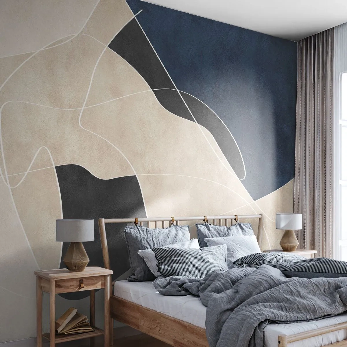 Papier Peint Photo Premium Sand - Abstraction beige et noire avec des lignes bleu marine et blanches - 100x70cm - Composition abstraite - contraste de couleurs - Décoration murale moderne pour le salon et la chambre ARTTOR
