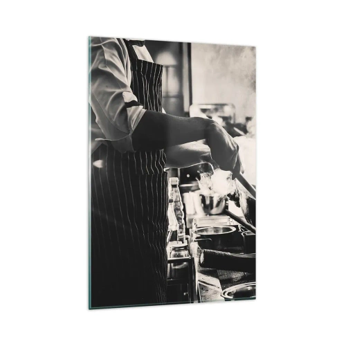 Impression sur verre - Image sur verre - Un chef au travail dans la cuisine avec de la vapeur s'élevant d'une poêle à frire - 80x120cm - Alchimie des saveurs - Décoration murale moderne pour le salon et la chambre ARTTOR
