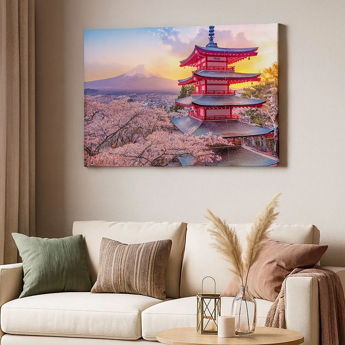 Impression sur toile - Image sur toile - Une pagode au Japon avec des cerisiers en fleurs et le mont Fuji - 70x50cm - Essence d'âme japonnaise - Décoration murale moderne pour le salon et la chambre ARTTOR