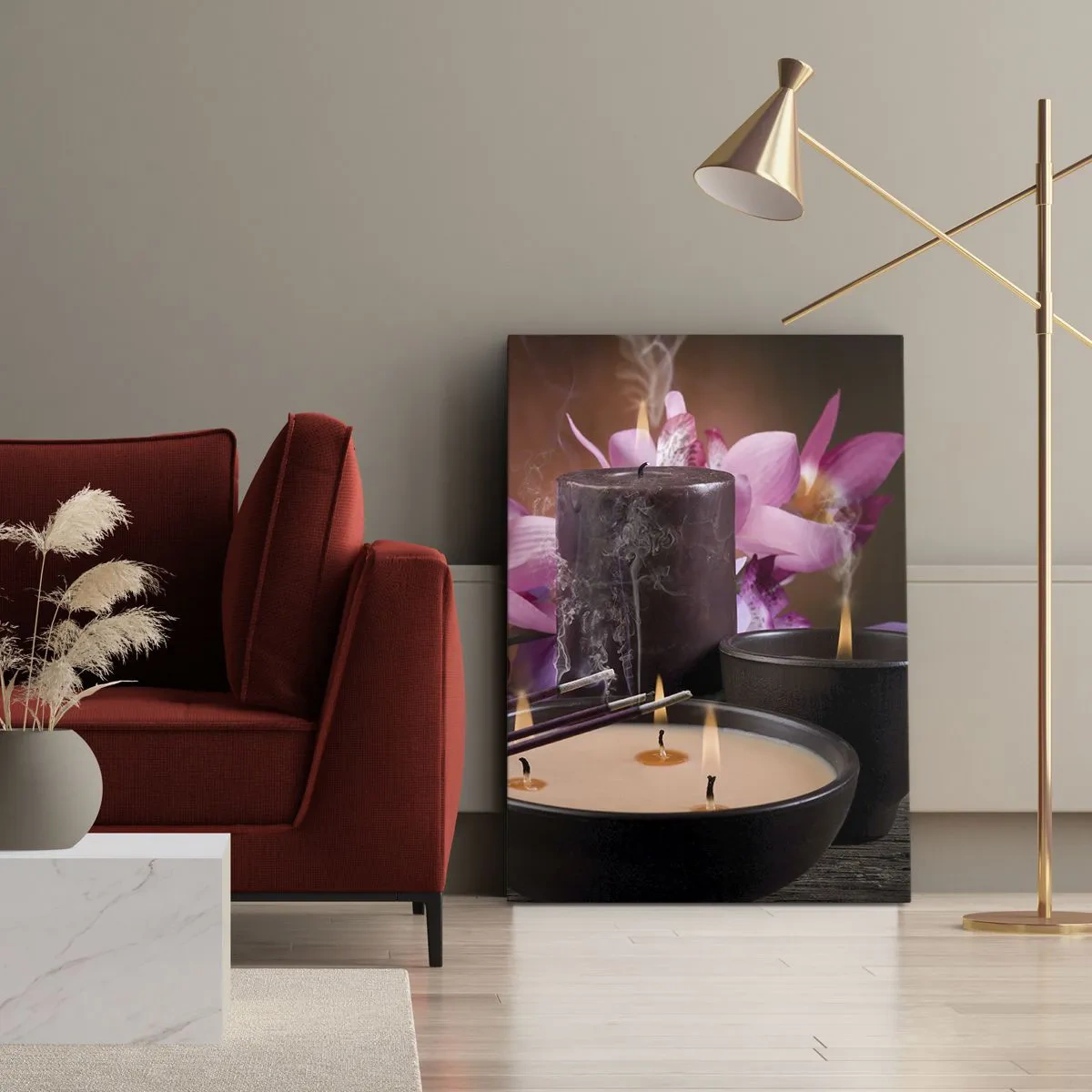 Impression sur toile - Image sur toile - Figurine de Bouddha avec bougies allumées et bâtons d'encens - 50x70cm - Vider l'esprit, calmer le corps - Décoration murale moderne pour le salon et la chambre ARTTOR