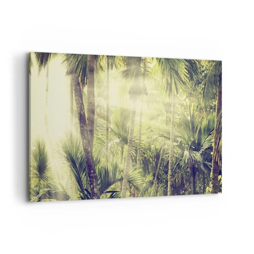 Impression sur toile - Image sur toile - Rayons de soleil dans une forêt tropicale de palmiers - 120x80cm - Nature enflammée - Décoration murale moderne pour le salon et la chambre ARTTOR