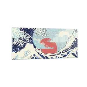 Impression sur verre - Image sur verre - Vagues de l'océan et coucher de soleil à la japonaise - 120x50cm - D'une inspiration japonnaise - Décoration murale moderne pour le salon et la chambre ARTTOR